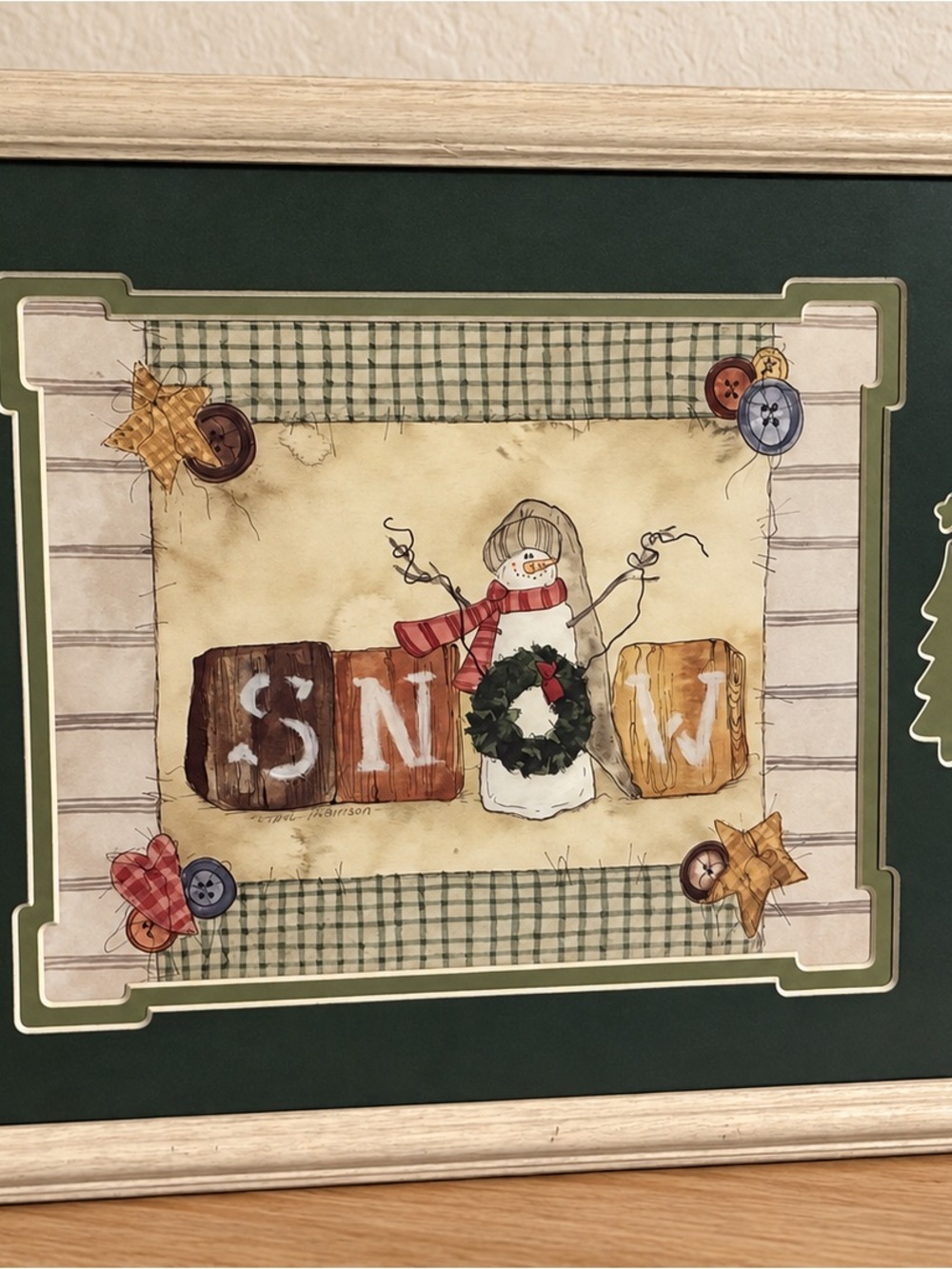 Festive Snowman Wall Art Print in Green & Cream
